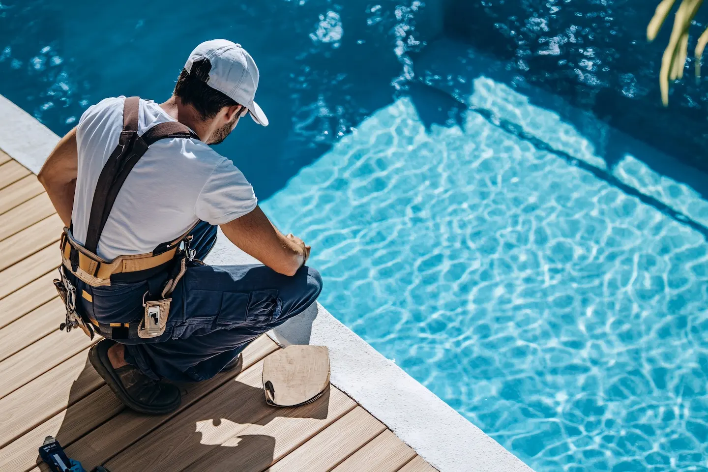 How To Find A Leak In Your Pool 1 Pool repair technician testing a pool for a leak.