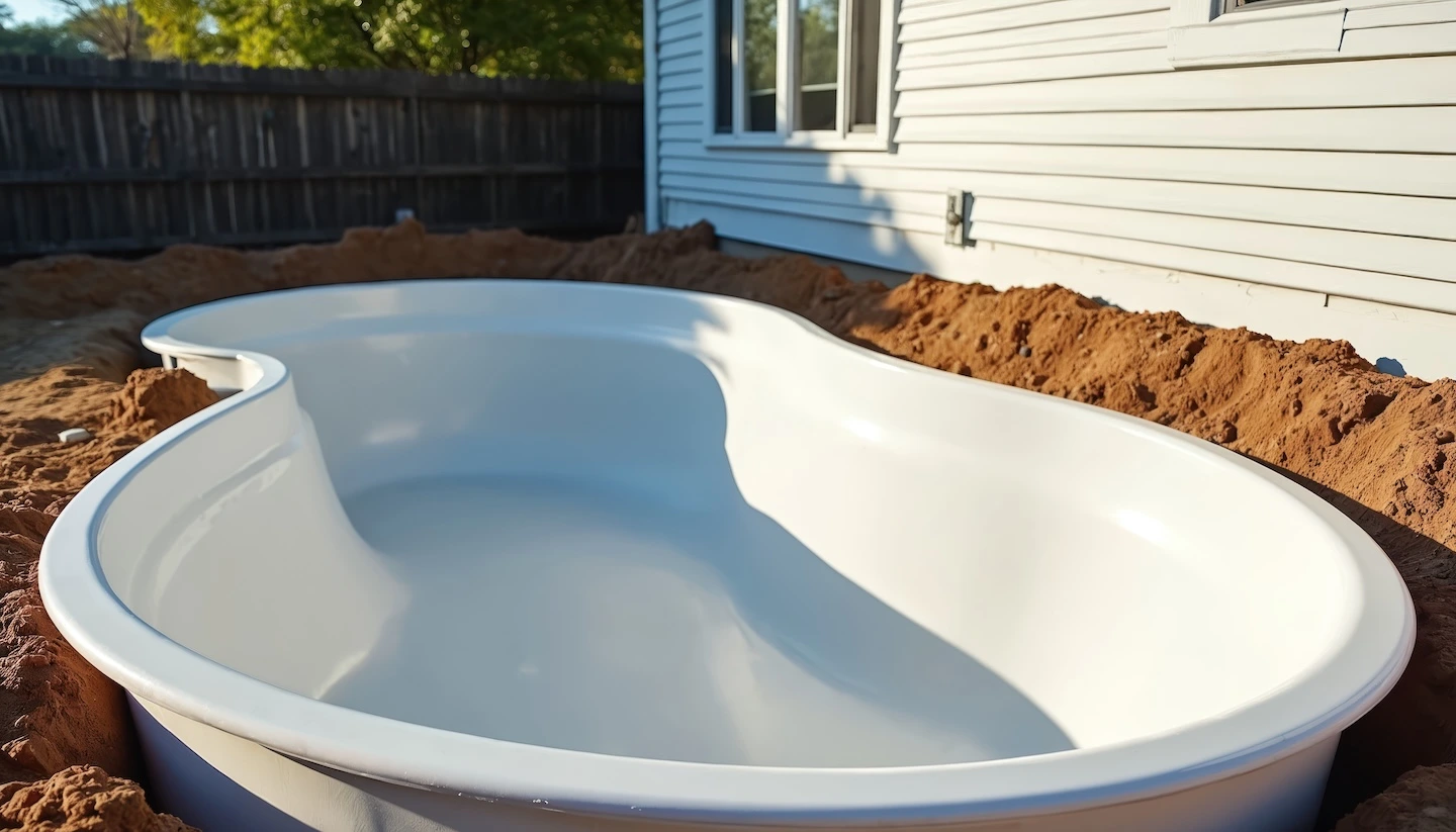 Fiberglass Pool Builder in Austin, TX: Pros, Cons & Cost 1 Fiberglass pool shell placed in an excavated area before plumbing has been installed.